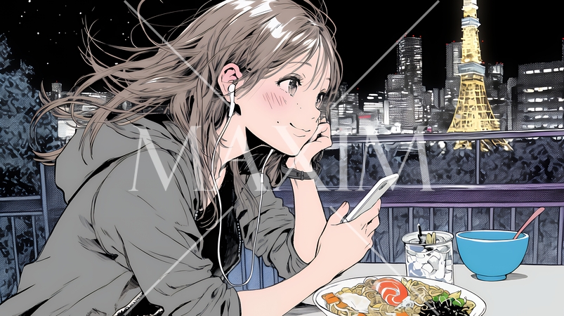 食事の最中もスマホを手放せない若い女性