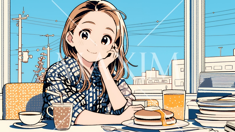 早朝のダイナー（喫茶店）でパンケーキ（モーニングセット）を食べる若い女性