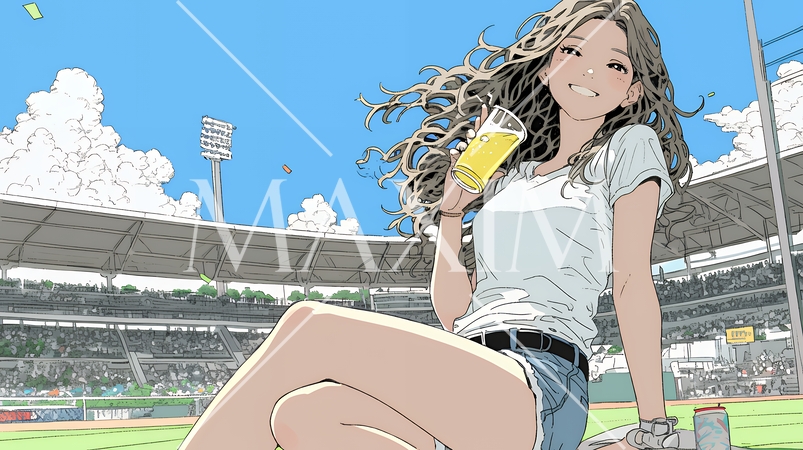 野球などの屋外スポーツを観戦しながら、ホットドッグを頬張る若い女性。