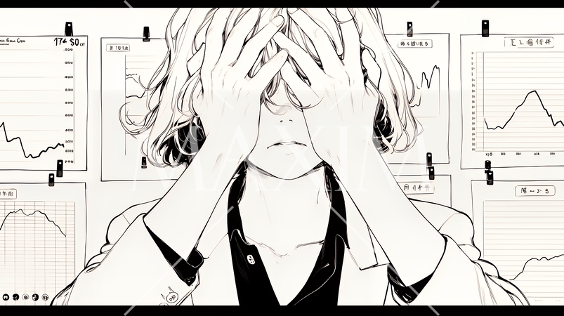 金融市場の急激な変動で頭を抱えている女性（シンプルな色使い）