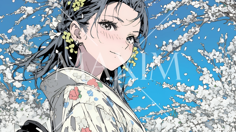 満開の梅の花と和服姿の若い女性