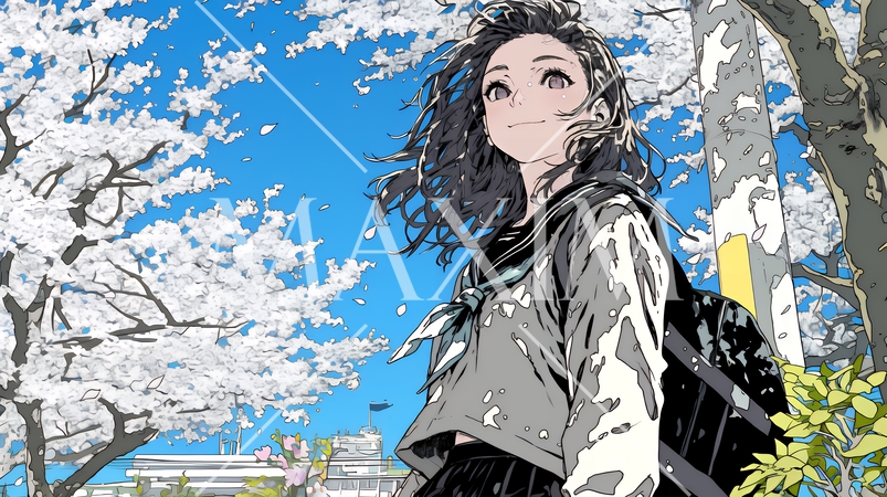 満開の桜の木下を歩く制服姿の女子高生