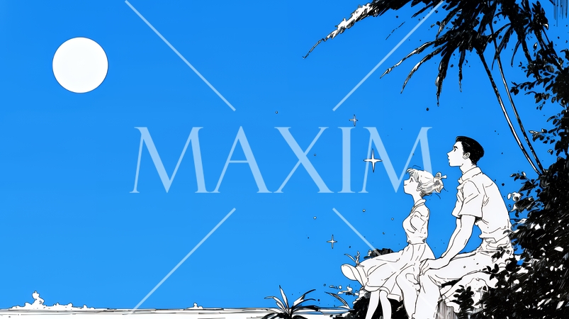 夏の月夜、南国の浜辺にいるカップル（シンプルな色使い）