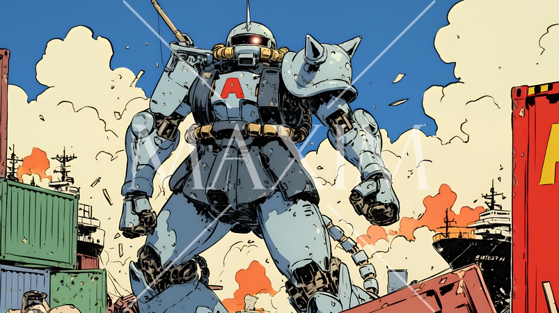 巨大関税ロボットが自由貿易港のコンテナ基地を破壊して、輸出入を妨害している