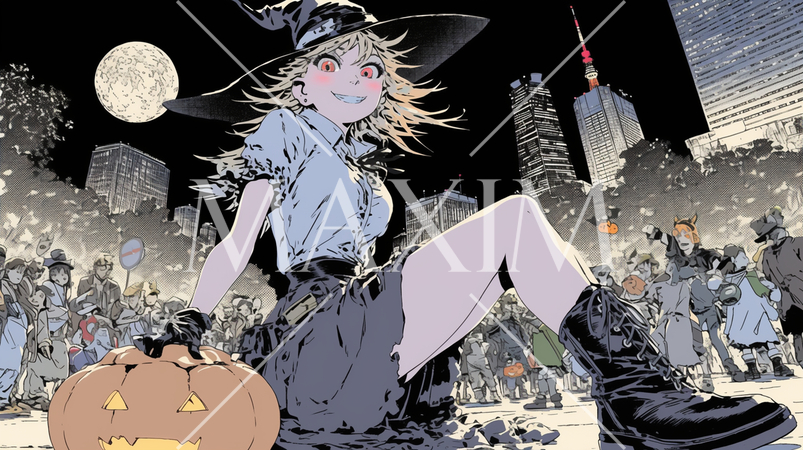 仲間とハロウィンイベントに参加する若い女性