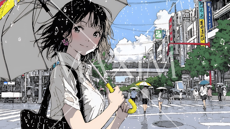雨の日に傘をさして歩く若い女性