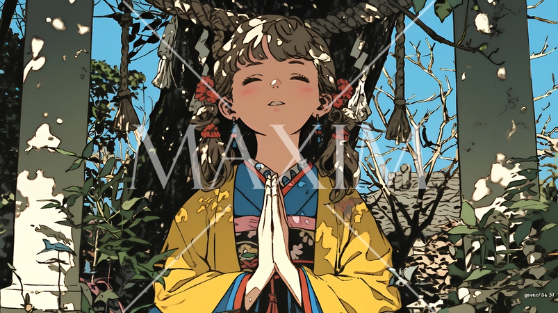 和服を着て初詣をしている若い女性