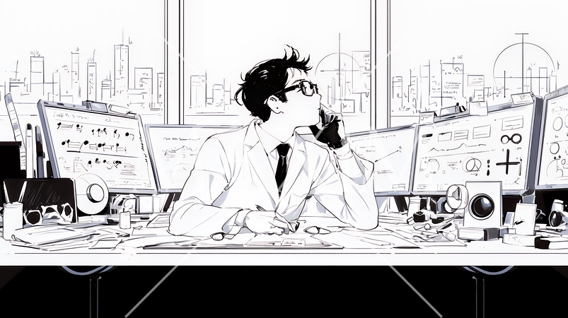 マーケティング・トレーディングデータなどの計量分析を行っている男性（シンプルな色使い）