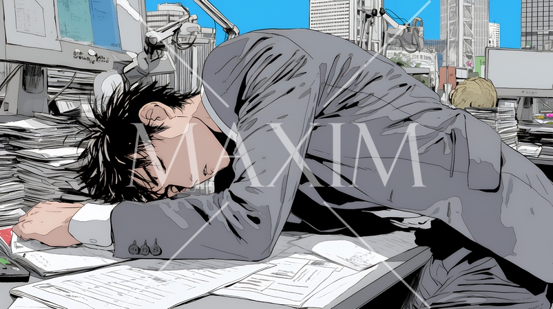 疲れ切った様子でオフィスデスクでため息をついているビジネスマン