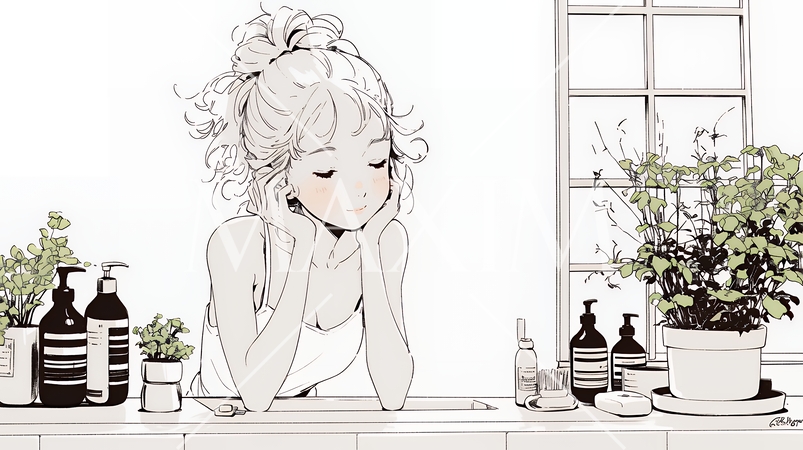 洗面所で朝の洗顔をする女性（シンプルな色使い）