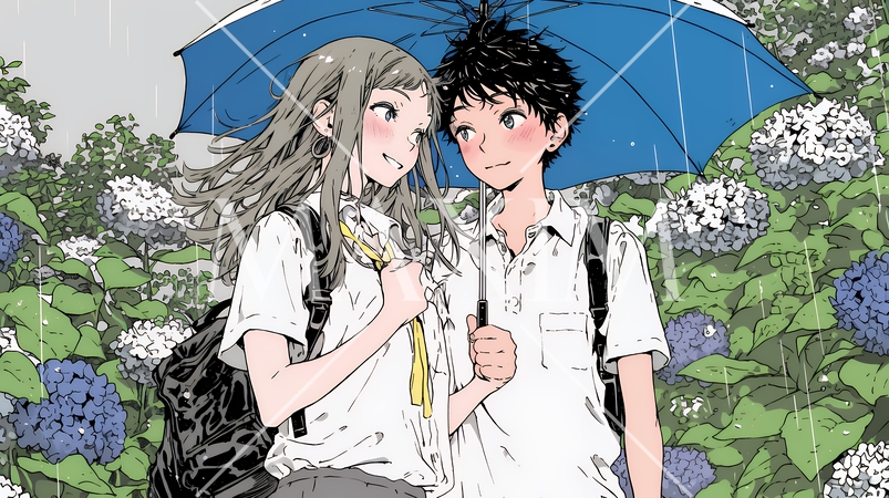 満開のあじさいの中を仲良く相合い傘で歩く若いカップル