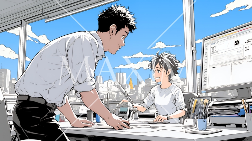 OJT：オフィスで、部下（後輩）を指導するマネージャー