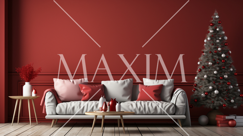 クリスマスツリー飾りのある赤色基調の居間