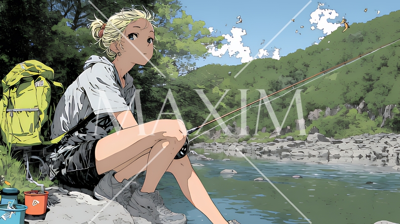 岸から魚釣りを楽しむ若い女性｜渓流・自然・アウトドア・ライフスタイル
