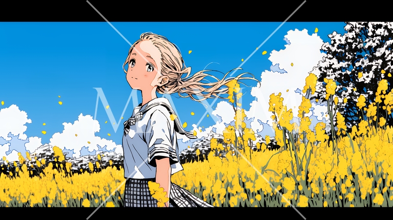 春風の中、菜の花畑にいる制服姿の女子高生