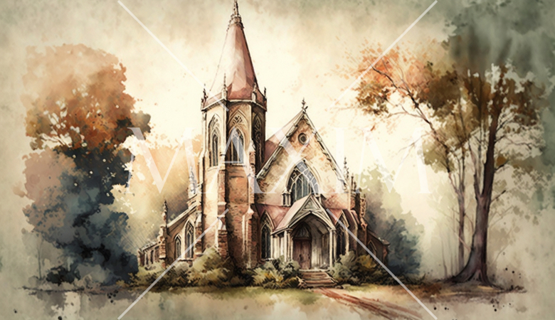 山間に建つ教会（チャペル）の水彩画