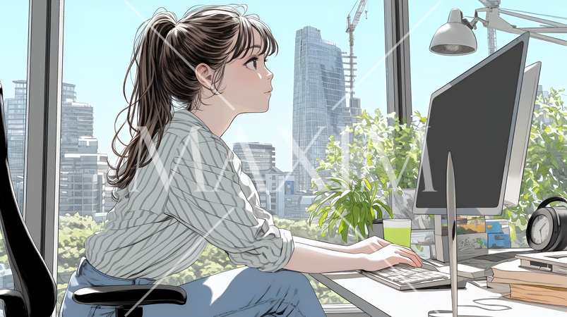 職場のデスクでパソコンに向かって仕事をしているビジネスウーマン