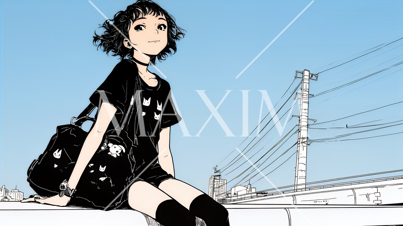 若い女性が佇む都市の街角（シンプルな色使い）