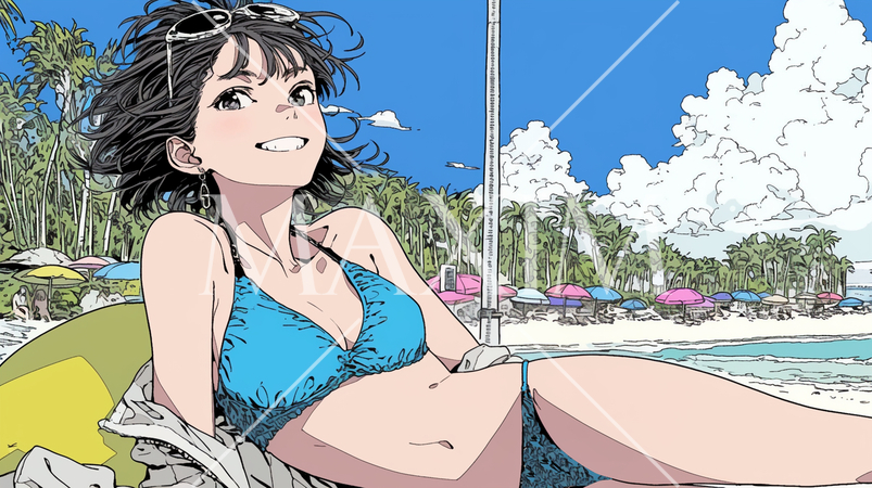 南国の海岸にビキニ姿でいる若い女性