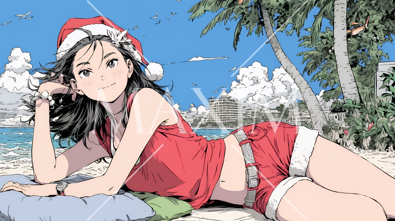 真夏（南半球）のビーチで活動中の女性のサンタクロース