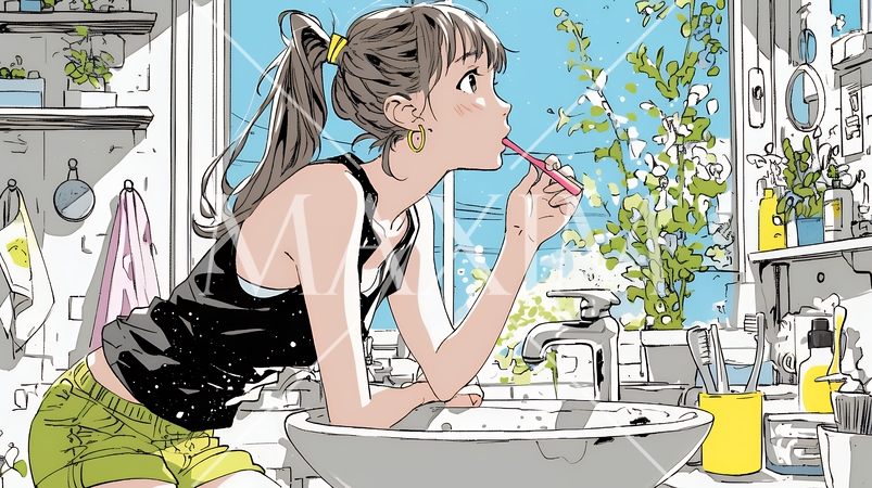 洗面所で朝の歯磨きをする若い女性