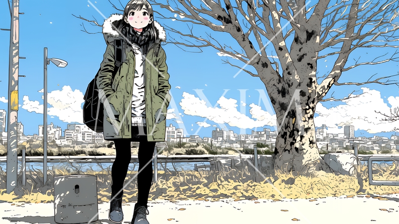 冬枯れの郊外の道を歩く若い女性