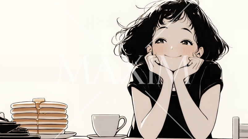 早朝のダイナー（喫茶店）でパンケーキ（モーニングセット）を食べる若い女性（シンプルな色使い）