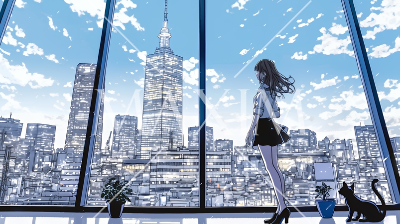 高層ビル群を見下ろすキャリア女性