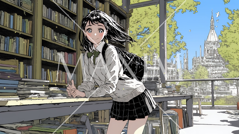 書店で本を選ぶ女子高生