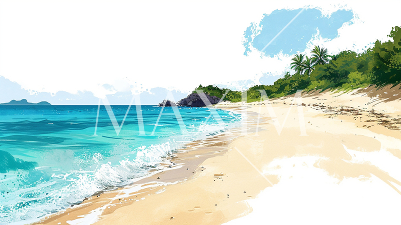 南国の島の浜辺と青い空のイラスト