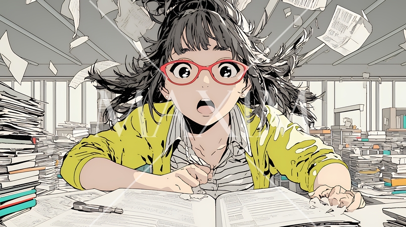 資料を見て驚いている若い女性