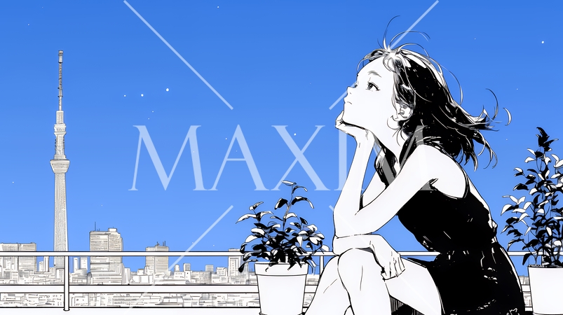 ベランダで夜風に当たりながら都会のランドスケープを眺め休む若い女性（シンプルな色使い）