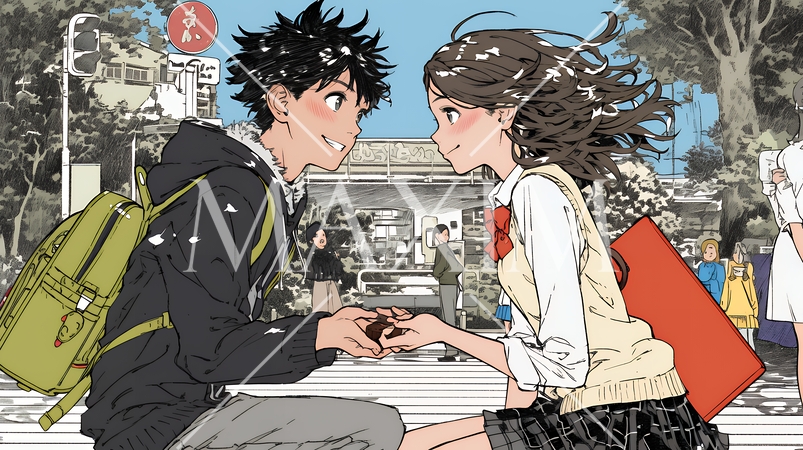 バレンタインディのチョコを男性に渡そうとしている若い女性