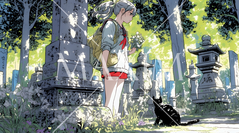 墓参りをしている若い女性