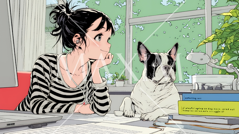 自宅でのリモートワークの場面：ペットのイヌと奮闘中