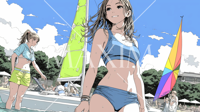 ヨットに乗ろうとしているビキニ姿の若い女性