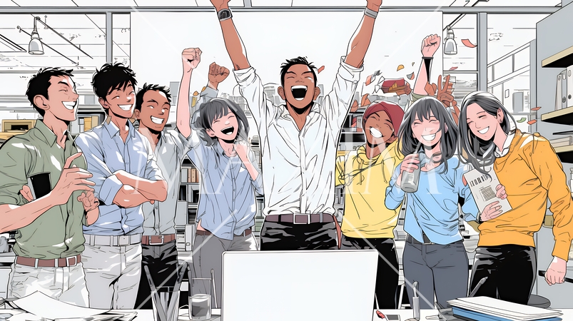 プロジェクト成功を喜ぶスタートアップチーム｜オフィスで大喜びするビジネスパーソン