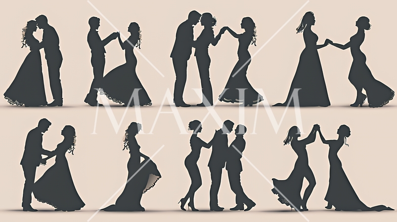 社交ダンスを楽しむ人たちのシルエット｜優雅でエレガントなボールルームダンスイメージ