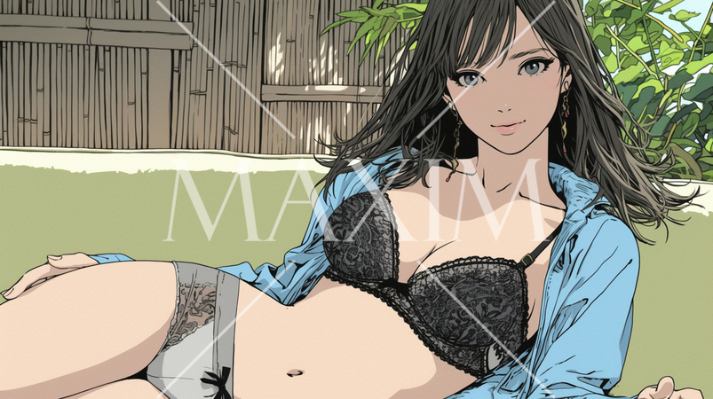 自宅で下着姿でくつろいでいる若い女性