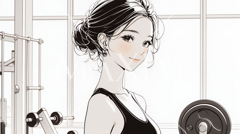 休日にジムで軽く運動する若い女性（シンプルな色使い）