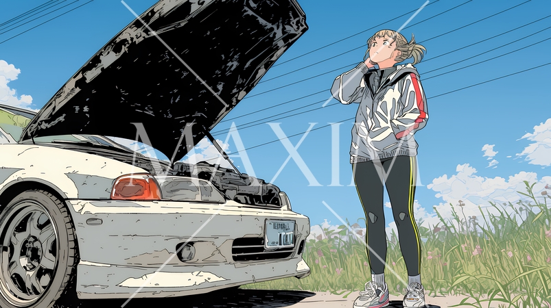 ドライブ中の車の故障・事故・トラブルで困っている女性