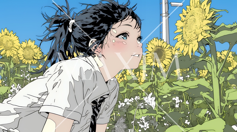 夏の晴天の日、ひまわりの畑を散策している黒髪の若い女性