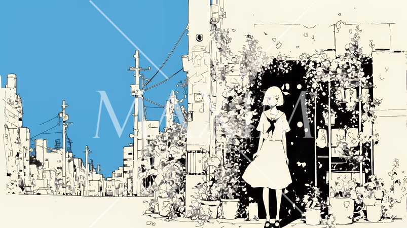 若い女性が佇む都市の街角（シンプルな色使い）