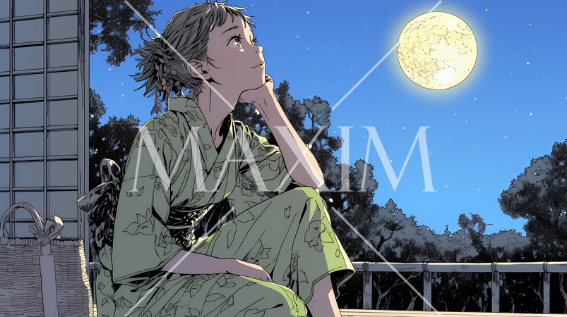 月見をしている和服姿の若い女性