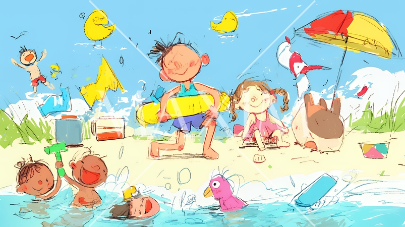 小学生の夏の思い出：海水浴（クレヨン＋水彩画風）