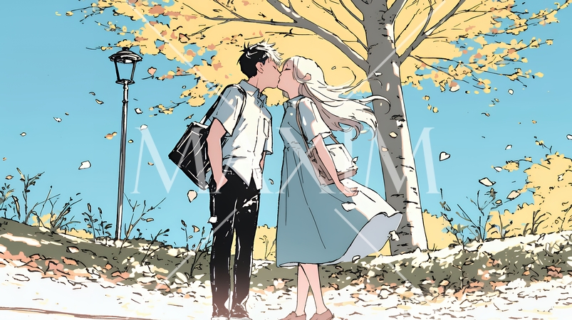秋の紅葉の下でキスをしている若い恋人たち