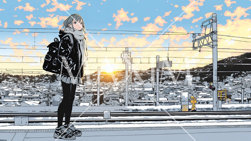 雪の積もる田舎道を歩いている若い女性