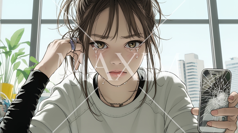 画面が激しく割れているスマートフォンを手にしているいる若い女性