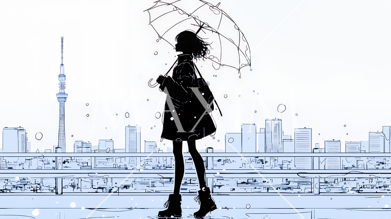 雨の日に傘をさして歩く若い女性（シンプルな色使い）
