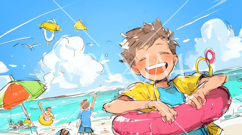 小学生の夏の思い出：海水浴（クレヨン＋水彩画風）
